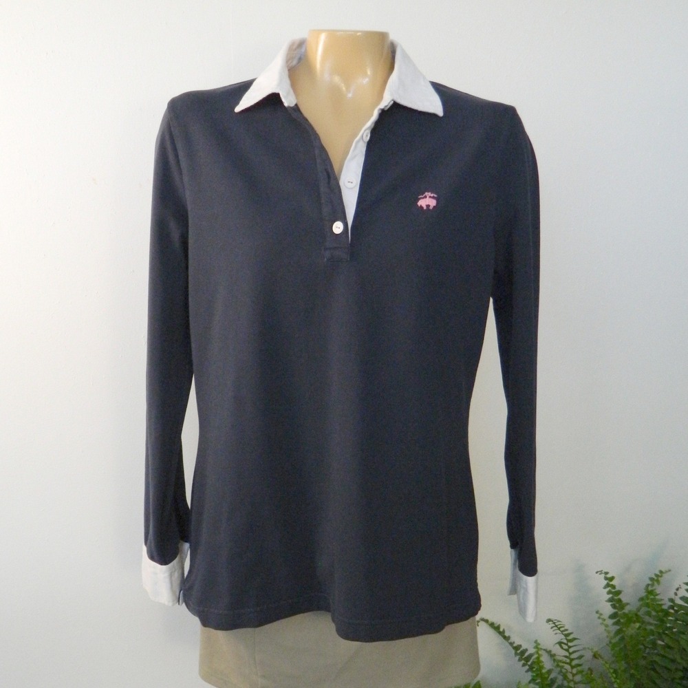 Brooks Brothers Polo Shirt Womens Large Navy Blue Long Sleeve White Collar Logo